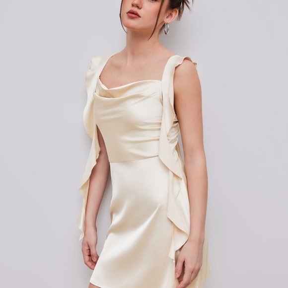 Satin Ruched Ruffle Hem Cream Mini Dress - Picture 5 of 9